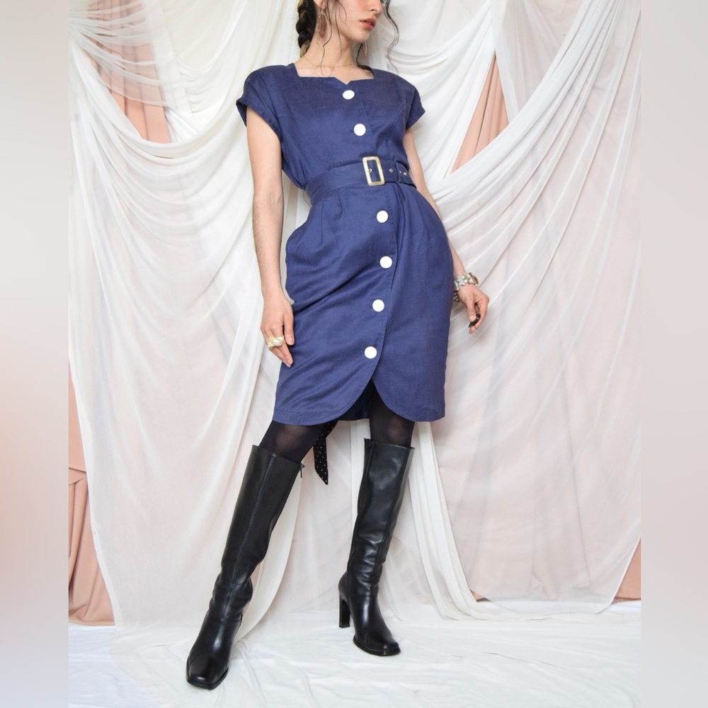 Vintage Linen blend Navy Button-Up Midi Dress